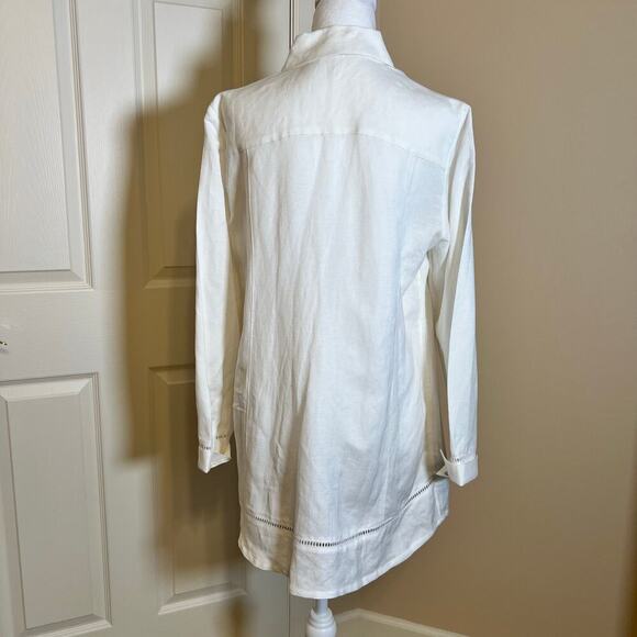 Soft Surroundings White Linen Blend Tunic Shirt Pearl Buttons Lace Hems Size M - Picture 7 of 11